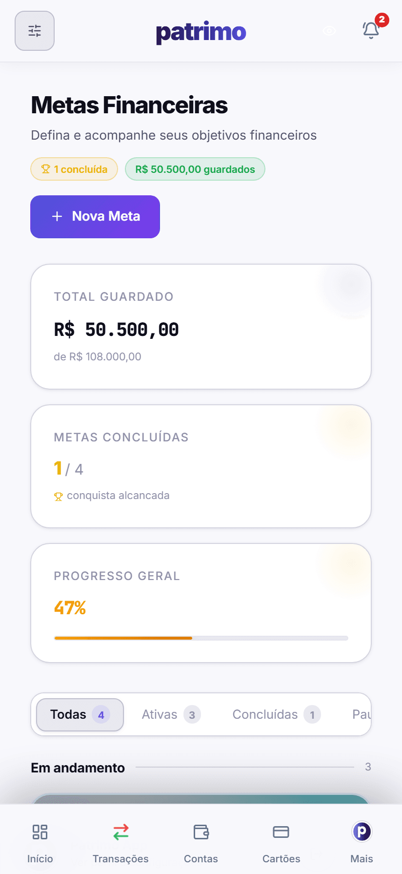 Patrimo — tela de metas